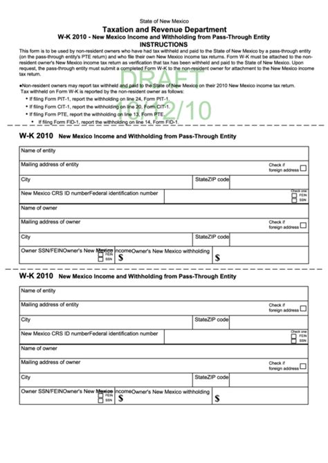 Form W K New Mexico Income And Withholding From Pass Through Entity