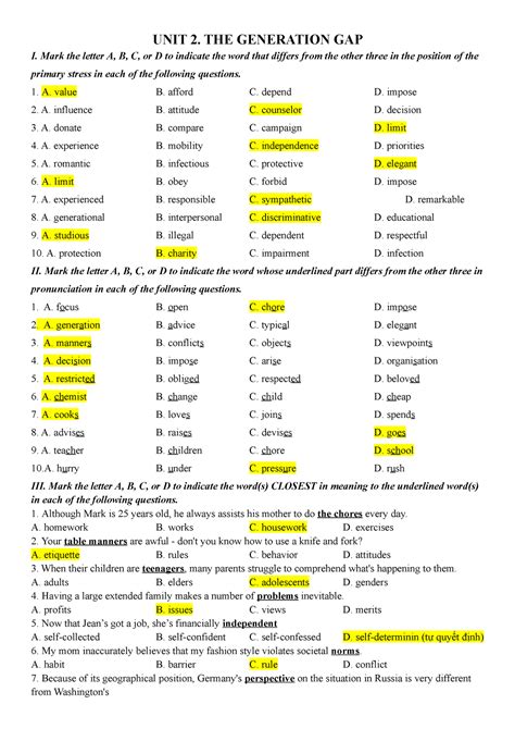 Unit Review Key Exercises Unit The Generation Gap I Mark The