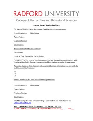 Fillable Online Alumni Award Nomination Form Radford University Fax