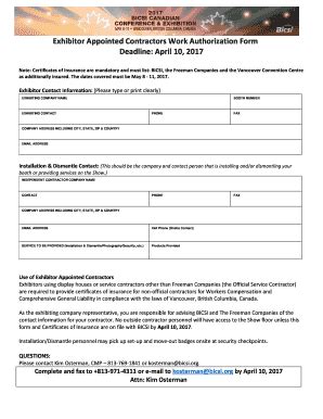Fillable Online Exhibitor Appointed Contractors Work Authorization Form