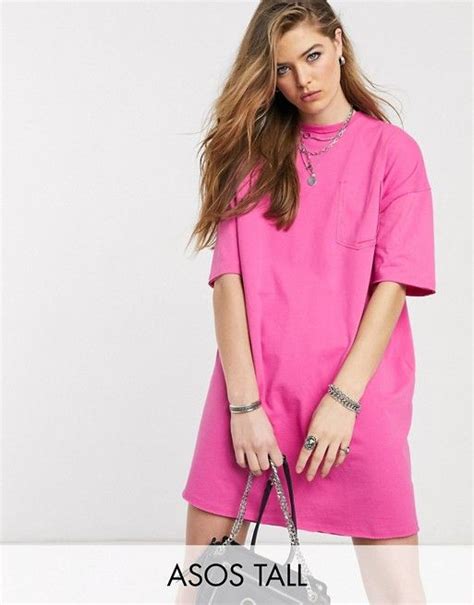 Asos Design Tall Oversized T Shirt Dress With Pocket Detail In Hot Pink