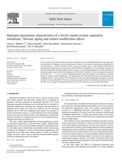 Pdf Hydrogen Permeation Characteristics Of A Srceo Based Ceramic