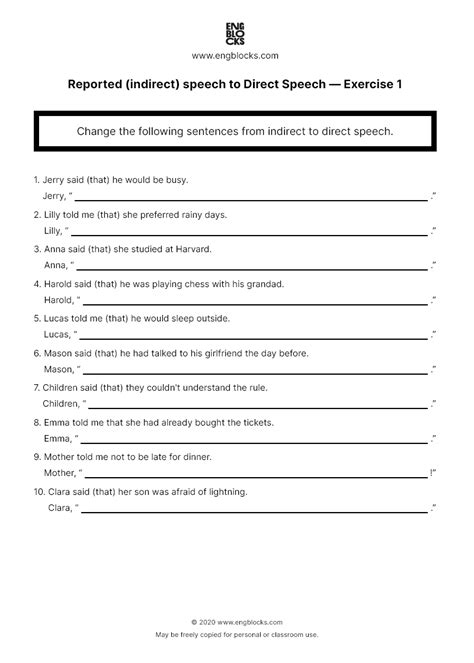 Reported Indirect Speech To Direct Speech Exercise 1 Worksheet English Grammar