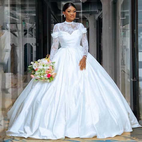 White Lace Silk Ballgown Wedding Dress With High Collar Long Sleeves