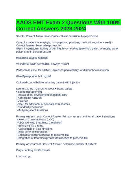 AAOS EMT Exam 2 Questions With 100 Correct Answers 2023 2024 Exams