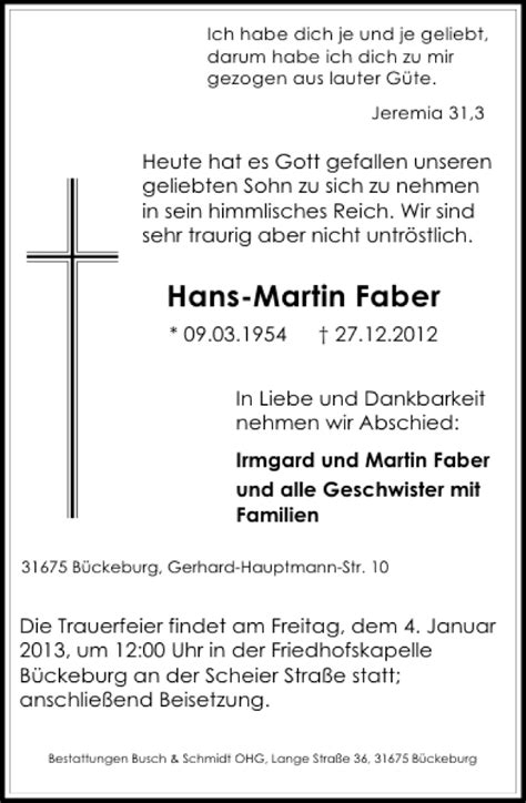 Traueranzeigen Von Hans Martin Faber Trauer Anzeigen De