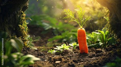 Sunlit Carrot Growing in Fertile Garden Soil. A vibrant carrot stands ...