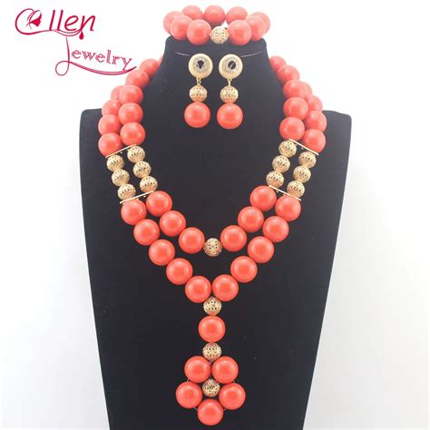 Mode Afrikaanse Oranje Coral Kralen Sieraden Sets Nigeriaanse Vrouwen