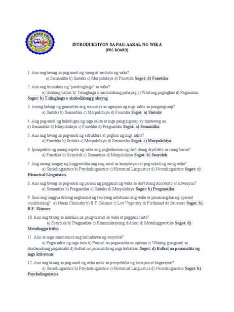 Introduksiyon Sa Pag-Aaral NG Wika 50 Items With Answer | PDF