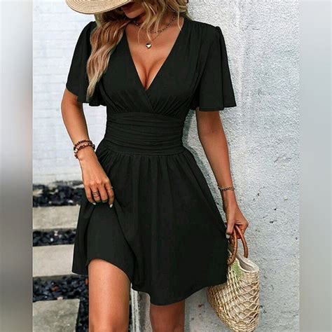 Dresses New Chic Ruched Waist Flutter Sleeve Short Dress Black Poshmark