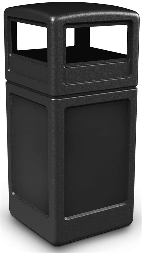 This black trash container is made of polyethylene plastic, making it ...