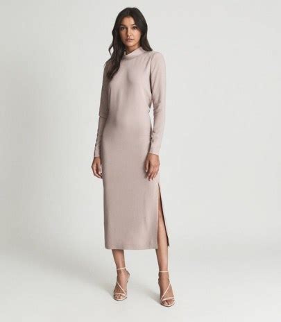 Reiss Martha Open Back Midi Dress Nude Elegant And Chic High Neck