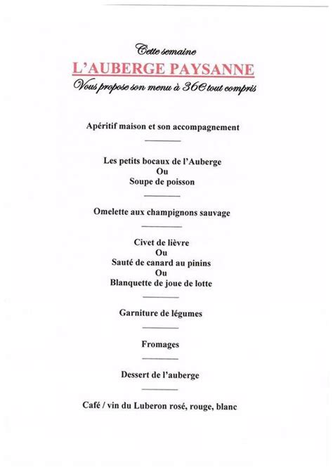 Menu Au Auberge La Table Paysanne Restaurant Robion