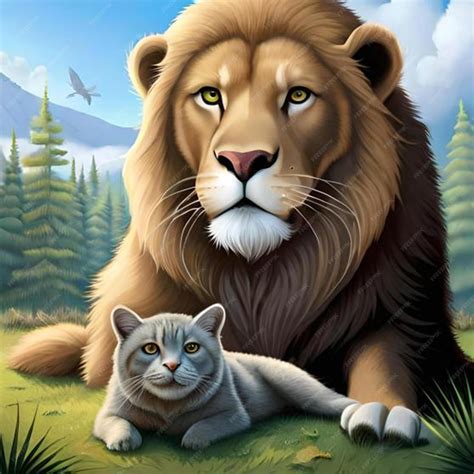 Premium Ai Image Lion And A Cat Wall Art