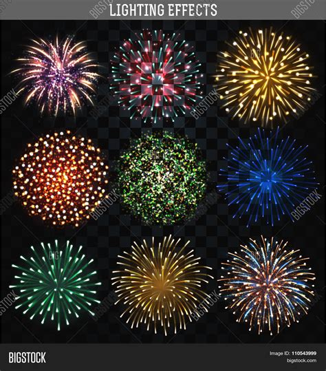 Set 9 realistic fireworks different shapes. Colorful festive, bright ...