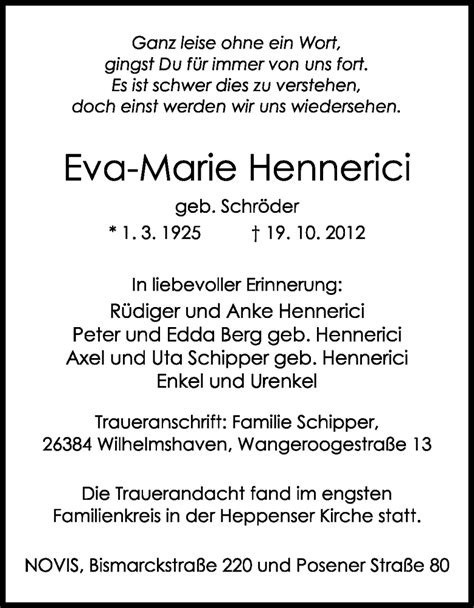 Traueranzeigen Von Eva Marie Hennerici Nordwest Trauer De