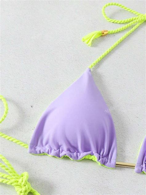 Halter Tie Piece Bikini Set With Metal Decor Sexy Backless High End Solid Color Braided Two