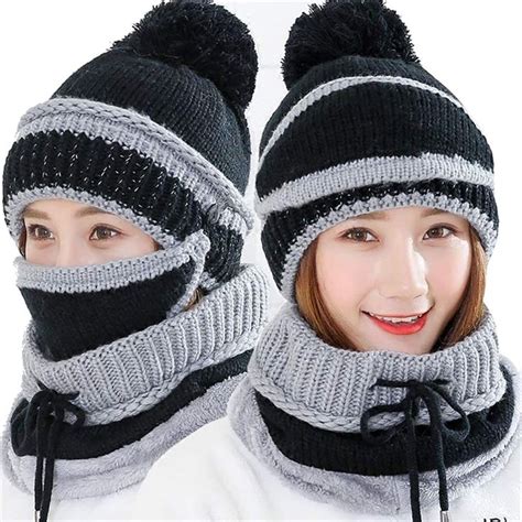 3 In 1 Warm Thick Knitted Beanie Hat Scarf And Mask Set Slouchy Snow