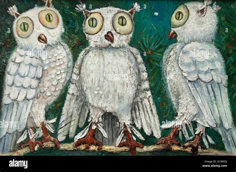 Three White Owls With Green Eyes On A Tree Original Relief Painting