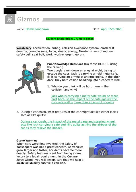 Crumple Zones Gizmo Student Exploration: Crumple Zones - Ultrasound ...