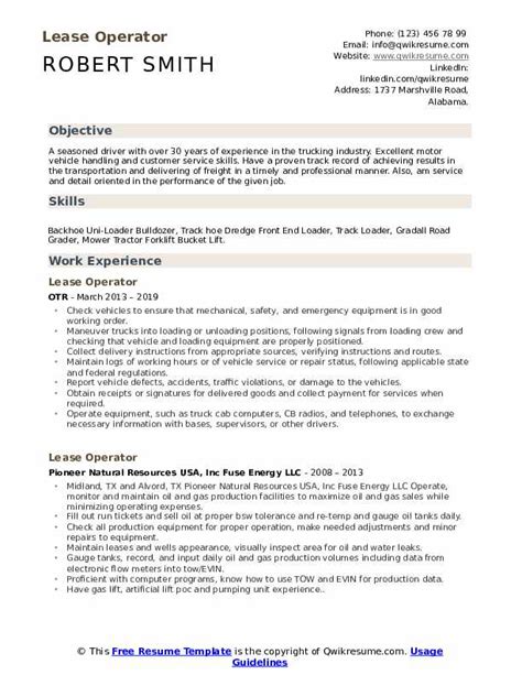 Lease Operator Resume Samples Qwikresume