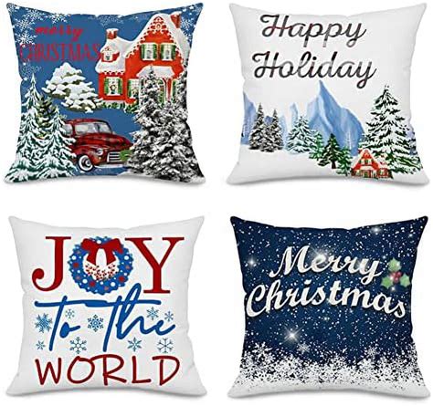 Blue Merry Christmas Pillow Covers 18x18 Inch Red Buffalo Plaids Truck