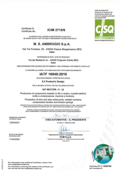 Certifications M S Ambrogio