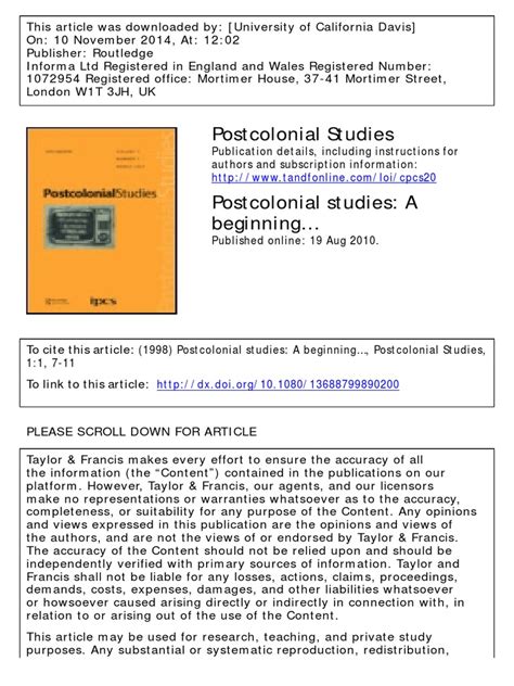 Editorial Postcolonial Studies A Beginning 1998 Pdf Postcolonialism