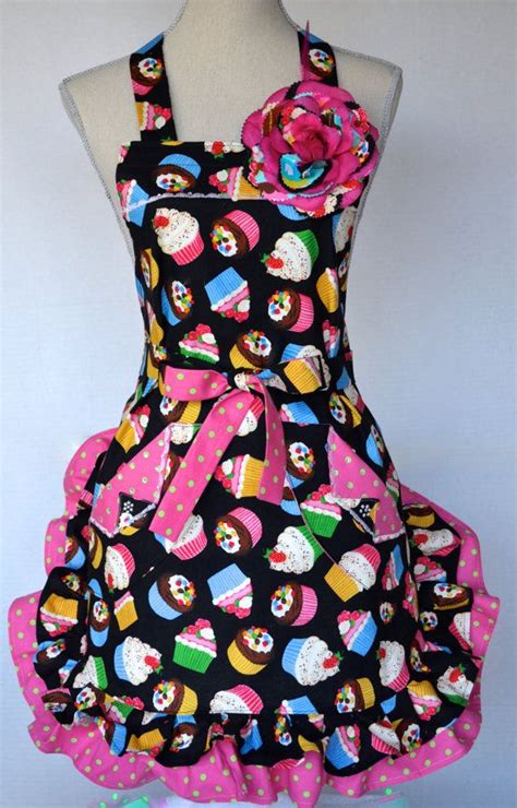 Retro Womens Cupcakes Print Apron Polka Dot Double Ruffled Etsy