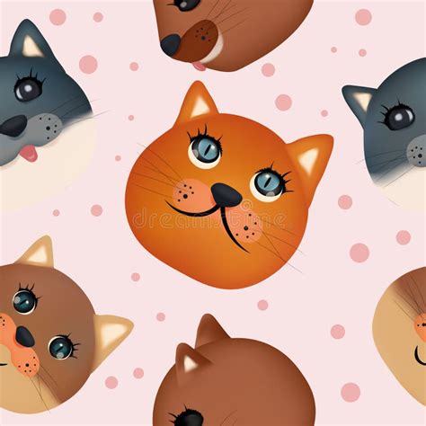 Colorful Faces Cat Seamless Pattern With Cute Cat Face Stock Vector