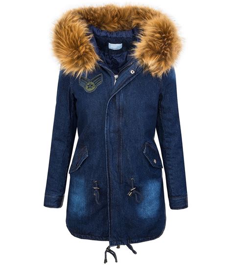 Designer Damen Winter Jacke Parka Jeansjacke Kunstfellkragen Kapuze Kaufen