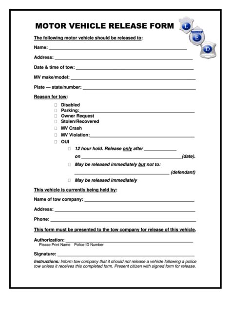 Motor Vehicle Release Form printable pdf download