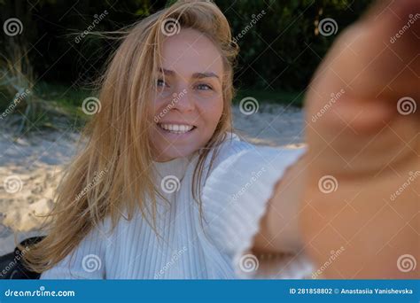 Portrait Of Happy Young Woman Take Selfie On The Beach Sea Ocean