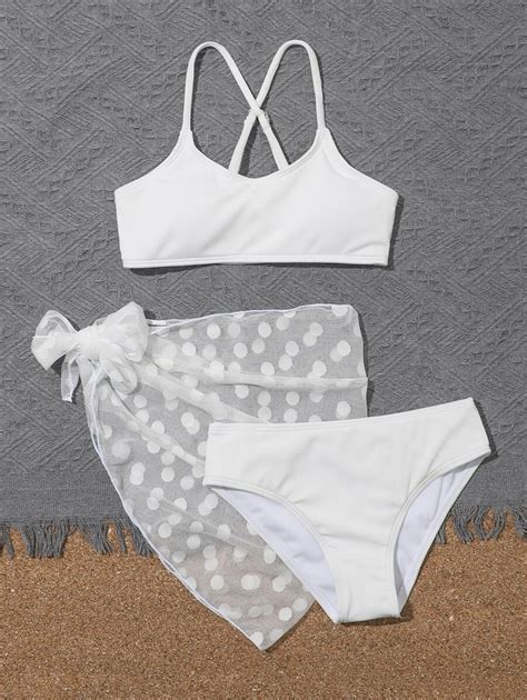 Conjunto de bikini de espalda cruzada sencillo y falda de playa de verano para niña