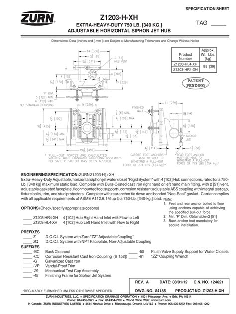 Fillable Online Zurn Eriepa SPECIFICATION SHEET Z1203 H XH