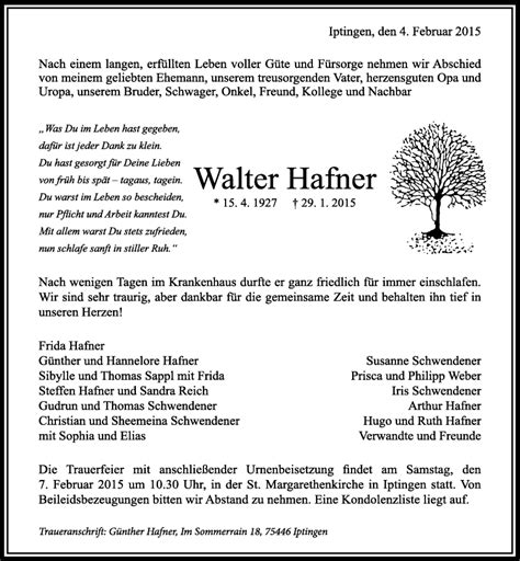 Traueranzeigen Von Walter Hafner Trauerundgedenken De