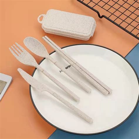 4pcs Set Reusable Folding Wheat Straw Chopstick Spoon Fork Knife