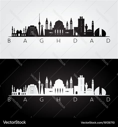 Baghdad skyline and landmarks silhouette Vector Image