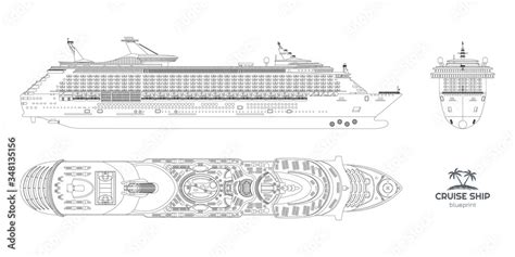 Outline Blueprint Of Cruise Ship Side Top And Front Views Contour