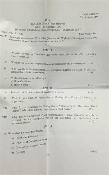 Punjab University Company Law Dec 2015 Question Paper University