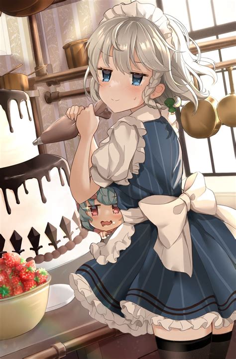 Safebooru 2girls Apron Blue Dress Blue Eyes Blue Hair Braid Cake Day