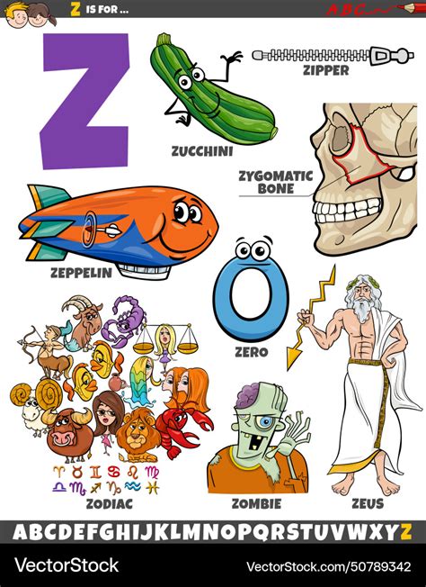 Letter z set with cartoon objects and characters Vector Image