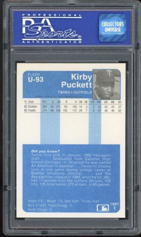 Kirby Puckett Fleer Update U Psa Mint Rc Rookie Hof Minnesota