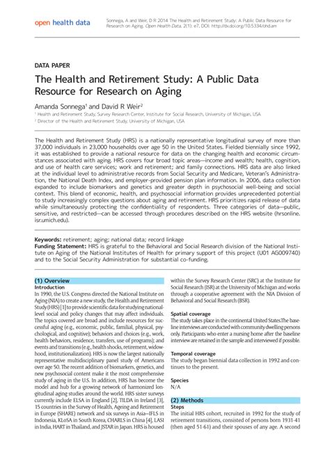 Pdf The Health And Retirement Study A Public Data Resource For