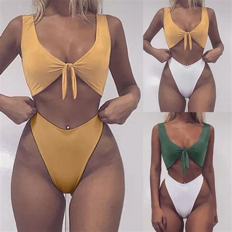 Bikini Women Knotted Padded Thong Bikini Mid Waisted Scoop Swimsuit