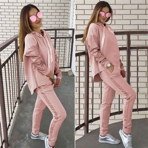 2pcsset Women Sportswear Suit Casual Trousers Solid Color Hooded