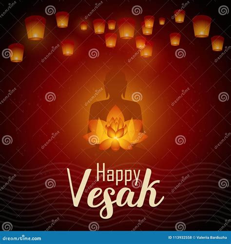 Happy Vesak Day Vector Illustration Greeting Card Lanterns And Lotus