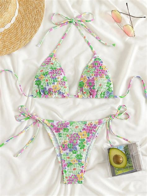 Random Floral Print Bikini Set Smocked Halter Triangle Bra Top And Tie