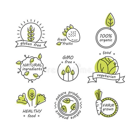 Vector Green Set Of Labels In Linear Style For Organic Products Food