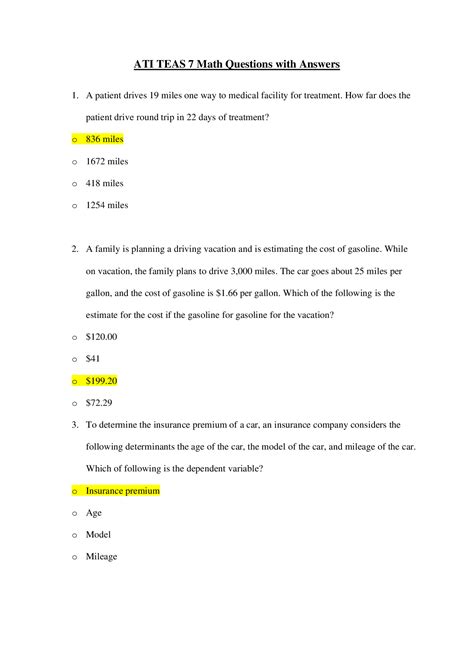 Ati Teas Math Questions With Answers Exam Browsegrades